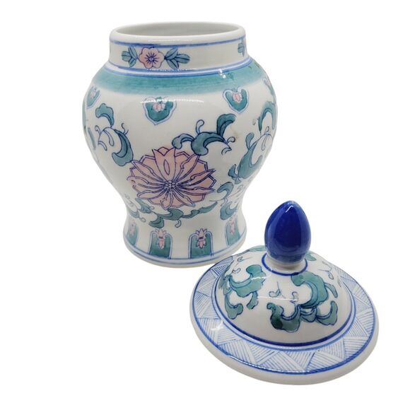 Vintage Ginger Jar Vase with Floral design 8.5" in Tall 1970 Ceramic Blue Floral - Picture 2 of 5